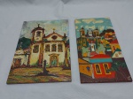 Lote com 2 azulejos retangulares decorativos com pintura de igrejas. Medindo o maior 30,5cm x 20cm.