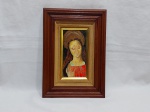 Quadro com moldura em madeira e pintura sob azulejo de Nossa Senhora. Medindo a moldura 34cm x 24cm.