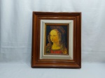 Quadro de óleo sobre cerâmica com moldura em madeira, retratando um quadro de Leonardo da Vinci. Medindo a moldura 57,5cm x 50,5cm.