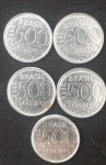 Cinco moedas de 500 Cruzeiros de 1993 e uma 1992.