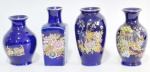 PORCELANA JAPONESA - Lote contendo 04 (quatro) vasinhos em porcelana japonesa em tom azul cobalto decorados por flores e animais exóticos. Maior medida 9 cm de altura e menor medida 7,5 cm de altura.