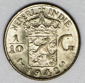 Numismática, Índias Holandesas. 1/10G. 1942. Prata.