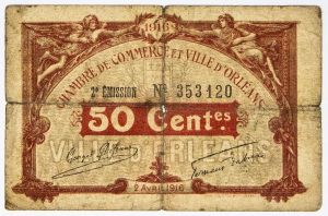 Numismática, França. Cédula emergencial por falta de troco. Rara peça, oportunidade. 50 Centimes - Ville D`Orleans, 1916.