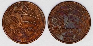 Numismática, Brasil. Lote com duas moedas de 5 Centavos 2008. 3ª Mais Rara da Série