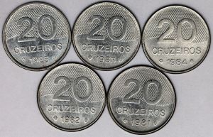 Numismática, Brasil. Série com cinco moedas de 20 Cruzeiros, anos 1981, 1982, 1983, 1984 e 1985. Igreja