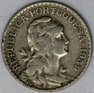 Numismática, Portugal. Moeda de 1 Escudo 1939 Alpaca. 26,8mm, a segunda mais rara da Série. KM#578
