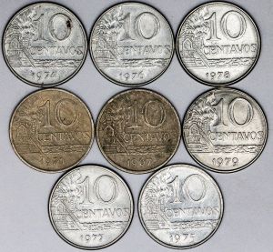 Numismática, Brasil. Sèrie Completa com oito moedas de 10 Centavos, anos 1967, 1970, 1974, 1975, 1976, 1977, 1978 e 1979.