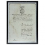 Passaporte para trânsito emitido pela Provincia Cisplatina, Montevideo dezessete de novembro de 1810, autorizando viagem da Sta. Lucia Balandra Concepcion a partir do porto de Montevidéu; 30,7 x 21,5 cm.Emoldurado em vidro anti reflexo