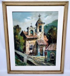 DURVAL PEREIRA (1918-1984) - Rara e belíssima pintura finamente executada em técnica de óleo sobre tela, finamente decorada representando clássico Casario com Igreja, rica coloração e magníficos traços do dito maior pintor impressionista brasileiro do Século XX, tendo obras em diversos importantes locais do mundo, como a Casa Branca (Washington-EUA). Assinado no C.I.D. datada de 1961. Mede 60 x 76 cm. Excelente estado de conservação. Acompanha elegante moldura em madeira de época no estado medindo 84 x 100 cm. Brasil início Década de 60. NOTA SOBRE O ARTISTA: Fatos interessantes Durval Pereira é nome de uma praça em São Paulo. O artista plástico foi homenageado pela câmara municipal de São Paulo após seu falecimento. Quadro de Durval Pereira na Casa Branca. Existem obras do Durval em diversos países, inclusive na Casa Branca em Washington DC nos tempos do presidente Kennedy. Colecionadores famosos. Varias personalidades colecionavam obras do Durval Pereira, inclusive L.B. Johnson, Ethel Kennedy, Peter Finch e outros. Títulos de cidadão de varias cidades. Recebeu diversos títulos de cidadão, inclusive da cidade de Miami nos EUA. Falecimento após noticia de premio La Madonnina di Milano.O artista faleceu em Fevereiro de 1984 de complicações após um infarto ocorrido após recebeu a noticia que receberia o premio nas mãos de seus ídolos os atores Marcello Mastroianni e Gina Lollo brigida. Sua maior beleza que existe em todo lugar para onde se pode olhar. Um homem de paz - dessa paz verdadeira, interna, intima, encontrada somente em algumas poucas criaturas humanas. Se isso não bastasse para indentifica-lo, ainda poderíamos dizer muito mais. Mas por certo iriamos feri-lo em uma outra que nunca renegou a um segundo plano: a sua humildade. Assim era Durval Pereira. Nascido em São Paulo no dia 26 de Junho de 1918, casado com Ida Pereira, teve dois filhos, Mirna Pereira e Delcio Pereira. Desde garoto sentiu-se atraído pela beleza das coisas, das gentes e de tudo que o cercava. Mas Durval, era como o vinho, quanto mais velho melhor. Não que o velho não lhe caia bem, mas lhe e injusto. Sua alma e seu coração grandiosos pulsam ainda hoje, com forca e a juventude que só o coração e a alma dos grandes conseguem manter. Os mais renomados críticos internacionais, consideram-no sempre com muito cuidado: afirmar algo a seu respeito pode ser, se feito de maneira taxativa, um erro. Durval poe muito mais de si, da novos truques que transformam as velhas cores em novas cores e faz que o critico seja obrigado a emitir ovas opiniões. Enfim, como paisagista. Durval e o mais conhecido pintor Brasileiro no exterior. Nós últimos anos seu prestígio no exterior cresceu muito, tendo sido agraciado com vários e importantes prêmios internacionais. Em março de 1983, quando já acumulava 409 medahas em salõesnacionais e Internacionais e mais 28 comendas - entre eIas, a MarechaI Rondon, a General Couto de Magalhães e a Giuseppi Garibaidi - eIe foi agraciado com o troféu THE BESTIMPRESSIONIST OF OUR ERA, concedido peIos marchands, em Miami, Estados Unidos: Logo em seguida, foi o único brasileiro convidado para participar da III BIENALLE MONDIALE DES METIERSD'ART em Nice, França, onde competiu com pintores de 20 países e foi o ganhador do primeiro prêmio e da Placa de Ouro. Um verdadeiro embaixador de nossa arte e nossa cultura. EM 1947 RECEBEU MENÇAO HONROSA" ASSOCIAÇÃO PAULISTA DEBELAS ARTES.API/Tªifa "MEDALHA DE BRONZE" ASSOCIACAO PAULISTA DE BELASEFN/ITÉÉAIB MEDALHA DE BRONZE" NO SALAO PAULISTA DE BELASEM 1949 PEQUENA MEDALHA DE PRATA" NA ASSOCIACAO PBA.EM 1950 GRANDE MEDALHA DE BRONZE" NA ASSOCIAÇAO SANTISTADE BELAS ARTES.EM 1952 PREMIO AOUISICAO" NO SALAO PAULISTA DE BELAS ARTES.EM 1954,PEOUENA MEDALHA DE BRONZE" DA GALERIA DE ARTE Iv CENTENARIO, COMEMORATLVO AO Iv CENTENARIO DA FUNDAÇAO DESAO PAULO.EM 1954 PEQUENA MEDALHA DE PRATA" NO SALAO PAULISTA DEBELAS ARTES.EM 1955 "MEDALHA DE BRONZE" NO SALAO NACIONAL DE BELASARTES RIO DE JANEIRO.EM 1957 PRÉMLO AQUISICAO" NO SALAO PAULISTA DE BELAS ARTES.EM 1959 PREMIO "AQUISICAO" NO SALAO DE BELAS ABTES DE SANTOS.EM 1959 GRANDE MEDALHA DE PRATA" NO SALAO PAULISTA DE BELASAPITES.EM 1961 "GRANDE MEDALHA DE PRATA" DA ASSOCIACAO PAULISTA DEBELAS ARTES.EM 1961 PREMIO "ASSEMBLEIA LEGISLATIVA" NO SALAO PAULISTA DEBELAS ARTES DE SANTOS.EM 1971 PREMIO "PREFEITURA MUNICIPAL DE PIRACICABAEM 1971 MEDALHA DE BRONZE" DA ACADEMIA VALENCIANA DELETRAS - RIO DE JANEIRO. * IEM 1972 "MEDALHA DE OURO" NO SALAO DE BELAS ARTES DEJABOTICABAL.EM 1972 "MEDALHA DE HONRA" NO SALAO PAULISTA DE BELAS ARTES.EM 1974 "PEQUENA MEDALHA DE OURO" NO SALAO MUNICIPAL DEBELAS ARTES DE AMPARO.EM 1974 "MEDALHA BRIGADEIRO JOSE VIEIRA COUTO DE MAGALHAES"OFICIALIZADA PELO SR. GOVERNADOR DO ESTADO DE SAO PAULOEM 1974 GRANDE MEDALHA DE OURO" DO SALAO DE PINTURA DESESOUICENTENARIO DA VILA FRANCA DO IMPERADOR.EM 1975 "MEDALHA MARECHAL CANDIDO MARIANO DA SILVARONDON" PELA SOCIEDADE GEOGRAFICA BRASILEIRA.EM 1975 DIPLOMA DA SOCIEDADE BRASILEIRA DE EUBIOSE.EM 1975 "DIPLOMA DE PARTICIPACAO" DO SALAO OFICIAL DE BELASARTES DE RIO CLARO.EM 1975 "MEDALHA DE OURO" GENERAL SANTAHELENA NA SOCIEDADEBRASILEIRA DE BELAS ARTES.EM 1976 "DIPLOMA DE PARTICIPACAO" DO SALAO OFICIAL DE BELASARTES DE RIO CLARO.EIA/LUIS? PREMIO AQUISITNO "GOVERNADOR DO EST ADO DE SAOEM 1976 GRANDE MEDALHA DE OURO" NO SALÃO DA PAISAGEM DEE&OIÉÉÉNÉ'ÉBSÉIÃ (IJIIAEAÉZÍHA DE OURODA SOCIEDADE SALÃO DE BELAS ARTES E DOS ARTISTAS.E DOS AM'GOSPRATA" DSAO LOURENCO. O SALAO DE ARTES PLASTICAS DEEM 1977 "MEDALHA DE PRATA" DO SALÃEBAAPTISTA DA COSTA". 0 DE ARTES PLASTICAS ' I1977 "DIPLOMA NO CURSO DE EDUCA A A TI'DE ARTES PLASTICAS DE ITU. Ç O R ST'CA ºº SALAOEM1977 MEDALHA DE PRATA DA SOCIEDADE BRASILEIRA DE BELASTES.EAR/I 1977 MEDALHA DE PRATA DA ASSOCIACAO BRASILEIRA DEENHO21581977 DIPLOMA ORDEM DD MERITO DAS BELAS ARTES NO GRAUDEBORANDEOEIOIALWEM 1977 MEDALHA DE OURO" DA SOCIEDADE BRASILEIRA DE BELASARTES.. AEM 1977 PREMIO DEMOISELLE DO SALAO NACIONAL DE ARTESPLÁSTICAS DA AERONAUTICA.EM 1977 =>DIPLOMA DE PARTICIPAÇÃO f' DD SALAO DE ARTES DEITAPETININGAEM 1977 MEDALHA DE OURO" DA ASSOCIACAO BRASILEIRA DEDESENHOEM 1978 MEDALHA DE PRATA ESPECIAL" DO SALAO MUNICIPAL DEARTES PLÁSTICAS DE SAO UOAO DO MERITI - RIO DE JANEIROEM 1978 O PREMIO SANSAO CAMPOS PEREIRA" DA SOCIEDADEBRASILEIRA DE BELAS ARTES.EM 1978 A GRANDE MEDALHA DE OURO" DO SALAO OFICIAL DE BELASARTES DE RIO CLARO.EM 1978 DIPLOMA DE PARTICIPACAO DO SALAO OFICIAL DE BELASARTES DE RIO CLARO.EM 1978 MEDALHA DA PRIMAVERA" PELA SOCIEDADE GEOGRAFICABRASILEIRA.EM 1978 MEDALHA DE OURO DA ASSOCIACAO BRASILEIRA DEDESENHO.EM 1978 MEDALHA DE OURO" NO SALAO DE ARTES PLASTICAS DASOCIEDADE BRASILEIRA DE EUBIOSE.EM 1978 MEDALHA DE PRATA DO SALAO DE ARTES PLÁSTICAS DAPREFEITURA MUNICIPAL DO RIO DE JANEIRO.EM 1978 MEDALHA COMEMORATIVA DOª'UUBILEÚ DE ESMERALDA" DOSALAO PAULISTA'DE BELAS ARTES.EM 1978 MEDALHA DE HONRA" DO SALAO DE ARTES PLASTICAS DAPREFEITURA MUNICIPAL DE TAUBATE.EM 1978 DIPLOMA DE PARTICIPACAO DO SALAO DE ARTE DEITAPETININGA.EM,1978 MEDALHA DE PRATA" NO SALAO VALENCIANO DE ARTESPLASTICAS.EM 1978 MEDALHA DE OURO" DA ASSOCIACAO BRASILEIRA DEDESENIÁOMEEM 197 " DALHA DE OURO SALA - EEM 1979'DIPLOMA DE ARTISTA ESPECIALMENTE OOIIVIDADO - PELOSALAO MUNICIPAL DE ARTES PLASTICAS DE SAO JOAO DD MERITI - RIDDE JANEIROEM 1979 MEDALHA DE HONRA" DEP. PASCOAL CITTADINO - PELAASSOCIACAO BRASILEIRA DE DESENHO.EM 1979 MEDALHA DE OURO" PELA ASSOCIAÇÃO BRASILEIRA DEDESENHO.EM 1979 DIPLOMA DE PARTICIPAÇÃO DO SALAO DE BELAS ARTES DE-AMPARO.EM 1979 CERTIFICADO DE PARTICIPAÇÃO DO SALÃO DE ARTE DEJACAREI.EM 1979 MEDALHA DE OURO" PELA SOCIEDADE BRASILEIRA DE BELASARTES.EM 1979 MEDALHA DE OURO" PELO SALAO DE ARTES PLASTICAS DESAO LOURENCO.EM 1979 PREMIO RELACOES PUBLICAS PELA SOC. BRAS. DE BELASARTES.EM 1979 DIPLOMA DE PARTICIPAÇÃO PELO SALAO AROUIDIOCESANO DEBELAS ARTES.EM 1979 CERTIFICADO DE HONRA PELO SALAO OFICIAL DA PREFEITURADO MUN. DE PRAIA GRANDEEM1979"MEDALHA DE OURO" PELA SOCIEDADE BRASILEIRA DE BELAS'ARTES.EM 1979 DIPLOMA PELA SOCIEDADE BRAS. DE BELAS ARTES DE LEME.EM 1979 DIPLOMA DE PARTICIPAÇÃO PELO SALAO LIMEIRENSE DE ARTECONTEMPORANEA.EM 1879 MEDALHA DE OURO" PELO SALÃO DE ARTES PLÁSTICAS DATIJU A.EDIE/IêºããglPLOMA DE PARTICIPAÇÃO PELO SALÃO DE ARTES PLÁSTICASEM 1979 DIPLOMA ?E PARTICIPAÇÃO PELO SALÃO DE ARTES PLÁSTICASDE TAUBATE.EM 1979 MEDALHA DE HONRA PELO SALAO DE ARTES PLASTICAS DASOCIEDADE BRASDE EUBIOSE.EM 1979 DIPLOMA DE PARTICIPACAO PELO SALAO DE ARTE DEITAPETININGA.EM 1979 GRANDE MEDALHA DE OURO" PELA SOC. BRAS. DE BELASARTES - RIO DE JANEIRO.EM 1979 TROFEU PREFEITURA DE AMPARO.EM 1979 PREMIO CAMARA MUNICIPAL DE VALENCA" PELA ACADEMIAVALENCIANA DE LETRAS.EM 1979 MEDALHA DE OURO" PELA ASSOCIACAO BRASILEIRA DEDESENHO.EM 1979 DIPLOMA DE PARTICIPAÇÃO PELO SALAO OFICIAL DE BELASARTES DE MATAO.EM 1980 DIPLOMA CONFERIOO PELA SOCIEDADE BRASILEIRA DEEUBIOSE.EM 1980 DIPLOMA DE PARTICIPACAO PELO SALAO MUNICIPAL DEARTES PLASTICAS DE SAO JOAO DO MERITI - RIO DE 4ANEIRO.EM 1980 PREMIO TROFEU ROTARY CLUB DE SAO JOAO DO MERITI" RIODE JANEIRO;EM 1980 PREMIO GRANDE MEDALHA DE OURO" PELO SALAOBARREIRENSE DE ARTES.EM 1980 MEDALHA DE OURO" PELA ASSOCIACAO BRASILEIRA DEDESENHO.EM 1980 MEDALHA DE OURO" PELO SALAO DE ARTES PLASTICAS SÃOLOURENCO.EM,1980 DIPLOMA DE PARTICIPACAO PELO SALAO NACIONAL DE ARTESPLASTICAS DE CUBATAO.EM 1980 MEDALHA DE PRATA" PELA SOC. BRAS. DE BELAS ARTES - RIODEJANHROREM.1980 PREMIO MEDALHA DE OURO PELO SALÃO OFICIALLÉAMHIISgãÉILPEÉLA/ââ SÉTPES PREFEITURA MUNICIPAL DE JUIZ DE FORA.ARTICIPA Ao PELO SALAO DE ARTEDIE1 PRESIDENTE PRUDENTE. Ç . _ES PLASHCAS980 MEDALHA DE OURO" PELA ASSOCIA ÃO BE&SENHO. C RASILEIRA DE1980 "DIPLOMA DE PARTICIPACÃO" PELO SALÃODE SAO PAULO. , Ç O AROUIOIOCESANOEM 1980 DIPLOMA DE PINTURAS DE ARTISTA(ÉRDEM ROSACRUZ. , CONVIDADOS PELAM 1980 PREMIO MEDALHA PREFEITURA MUN. DE TAUBATÉ" NOSALAO DE ARTES PLASTICAS DE TAUBATÉ.EM 1983 - BIENAL DE PARIS - MEDALHA DE OURO.EM 1983 - MEDALHA DE OURO - XI éme SALON INTERNATIONAL DECHARLEVILLE-M/EZIERESEM 1983 - TROFEU THE BEST IMPRESSIONIST OF OUR ERA"EM 1983 -1?PREMIO-PLACA DE OURO III BIENALLE MONDIALE DESMETIERS D'ART EM NICE-FRANÇA.EM 1984 - GRAND PRIX LA MADONNINA DI MILANO" - MILAO