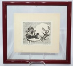 MACIEJ ANTONI BABINSKY - POLÔNIA - 1931 -  Rara gravura ricamente trabalhada. Assinada no C.I.D. datada de 1967. Mede aproximadamente 17 x 14 cm. Enquadrada em moldura moderna de madeira medindo 38 x 34,5 cm. Perfeito estado de conservação. NOTA SOBRE O ARTISTA: Maciej Antoni Babinski (Varsóvia, Polônia 1931). Gravador, ilustrador, pintor, desenhista, professor. Em 1940, migra com a família para a Inglaterra, por causa da Segunda Guerra Mundial, 1939-1945. Inicia sua formação artística, tendo aulas de aquarela com o padre Raphael Williams O.S.B., que o introduz na técnica da pintura ao ar livre. Em 1949, fixa-se com a família em Montreal, Canadá, onde estuda pintura com John Goodwin Lyman, na McGill University. Além disso, tem aulas de gravura com Eldon Grier e faz cursos de desenho e pintura com Goodrich Roberts, na Art Association of Montreal. No ateliê de Roberts, pinta paisagens, interiores e naturezas-mortas. Paralelamente aproxima-se do grupo de vanguarda Les Automatistes Os Automatistas, reunido em torno de Paul-Émile Borduas, e expõe com eles, em 1952, no Musée des Beaux-Arts de Montréal Museu de Belas Artes de Montreal. Ainda na fase canadense, realiza sua primeira individual, em 1953. Nesse mesmo ano, muda-se para o Brasil, e permanece no Rio de Janeiro até 1965. No período carioca entra em contato com Oswaldo Goeldi, Augusto Rodrigues e Darel, e participa de diversos salões e mostras coletivas. Realiza, em 1961, 24 águas-fortes para o livro Cadernos de João, de Aníbal Machado, editado pelos Cem Bibliófilos do Brasil. A galeria Selearte, em São Paulo, e a Petite Galerie, no Rio de Janeiro, abrigam suas primeiras individuais no Brasil, em 1962 e 1964, respectivamente. Em 1965 é convidado a lecionar no Instituto Central de Artes da Universidade de Brasília - ICA/UnB, da qual se afasta um ano depois em virtude de perseguições políticas. Após viver oito anos em São Paulo, de 1966 a 1974, muda-se para Minas Gerais, primeiro para Araguari e depois para Uberlândia, e vai lecionar na Universidade Federal de Uberlândia - UFU, onde fica de 1979 até 1987. Com a anistia política é reintegrado à UnB em 1988, lá permanece até se aposentar, em 1991, quando passa a residir em Várzea Alegre, interior do Ceará. Em 2004, é realizada a retrospectiva Babinski: 50 Anos de Brasil, no Conjunto Cultural da Caixa, em Brasília. AnáliseA experiência de viagem define os contornos da produção de Babinski, e a combinação de tradições e modelos aprendidos ao longo dos sucessivos deslocamentos que realiza confere feições particulares a sua obra. Os períodos inglês e canadense se caracterizam pela iniciação em diferentes técnicas (aquarela, pintura e gravura) e pelo contato com a arte figurativa e com as pinturas "automáticas" do grupo abstrato reunido em torno de Paul-Émile Borduas. O Brasil da década de 1950, por sua vez, possibilita o encontro com as novas figurações na pintura e com a produção gráfica de Darel, Augusto Rodrigues e Oswaldo Goeldi. A inspiração retirada do universo de Goeldi é perceptível no Álbum de Gravuras de Babinski, publicado em 1967, repleto de elementos oníricos, figuras deformadas, por vezes, grotescas. Aí também é possível notar marcas da obra de Alfred Kubin, referência para o próprio Goeldi. Se nas gravuras as incisões precisas e a profusão de traços colocam-se a serviço de composições fantásticas e alegóricas - e de temáticas de conteúdo social, Êxodo, 1967, por exemplo -, nas paisagens (aquarelas e pinturas) observa-se o gesto solto a definir planos superpostos, construídos com base em ampla gama cromática. A liberdade evidente da mão combina-se ao cuidado, quase geométrico, com a composição: "Eu creio que a minha paisagem toda é re-estruturada sempre em relação à horizontal e à vertical", diz ele.As diversas viagens realizadas pelo Brasil, por sua vez, incidem sobre o repertório do artista. Assim, as paisagens luminosas de Araguari e as panorâmicas do Triângulo Mineiro assumem o primeiro plano nos trabalhos das décadas de 1970 e 1980. As figuras humanas, jamais abandonadas, reaparecem com mais força nos anos subsequentes, em telas marcadas pela explosão de cores vivas, sempre contrastadas como Iluminados ao Vento, 2000. A localização de alguns eixos no interior da ampla produção de Babinski não deve conduzir ao estabelecimento ilusório de "fases" ou "estilos" claramente demarcados. Ao contrário, a cada novo pouso o viajante se beneficia do que vê e aprende, mas sem deixar de lado o que carrega na bagagem. As figuras deformadas (O Filho, 2003), o acento social (Chacina, 1993) e o paisagismo de tom lírico (Paisagem Crepuscular - Sítio Exu, 2003) se fazem presentes em todas as viagens.