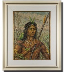 MARIA COELHO LEPAGE (São Paulo-SP 1911-2007) - ´´O CAÇADOR´´ - Belíssima pintura finamente executada em técnica á óleo sobre tela representando bela cena de indígena caçador, ricamente trabalhada com cores vibrantes e movimentos. Assinada no C.I.E. medindo 46 x 60 cm. 1976. Enquadrada em moldura de época em madeira medindo 71 x 85 cm. Bom estado de conservação. NOTA SOBRE A ARTISTA: Artista catalogada e premiada Brasil á fora com diversas premiações e exposições, nasceu e faleceu em São Paulo capital aos 96 anos de idade. 1938 - 19377º Salão Paulista de Belas Artes8º Salão Paulista de Belas Artes9º Salão Paulista de Belas Artes