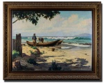GENTIL GARCEZ (SANTOS 1903-1992) - Belíssima e grande pintura finamente trabalhada em técnica á óleo sobre tela, rico trabalho de cores e movimentos representando linda cena de marinha. Assinada no C.I.D. medindo 82 x 60,5 cm. Enquadrada em moldura de época em madeira nobre ricamente trabalhada medindo 99 x 78 cm. Bom estado de conservação. NOTA SOBRE O ARTISTA: Filho legítimo de Rodrigo Garcez e de. Laudelina Garcez. Seus primeiros estudos foram feitos, modestamente, no grupo escolar "Dr. Cesário Bastos", e já aí, nesse estabelecimento, manifestaram-se as suas tendências artísticas.Antes de terminar seus estudos primários, Garcez, que se iniciara na pintura sob os cuidados de sua própria mãe, que era hábil desenhista; já ia bem adiantado na arte suprema de Raphael e Velasquez.Mais tarde, passou ele a estudar com uma conhecida pintora local, cujos cuidados deixava pouco depois, levado pelo seu temperamento de liberdade artística e pelas suas manifestações naturais apuradas, que exigiam um mestre superior, de mais amplos recursos e que melhor compreendesse a sua natureza, abrindo campo à sua ânsia febril de avançar, através de uma interpretação própria e de seu modo particular de sentir. Foi então que ele começou a freqüentar o atelier de Benedicto Calixto, o veterano mestre, de cujos ensinamentos resultaram os seus conhecimentos atuais, em grande parte, frutos também da persistência e de sua grande vocação.Sua primeira exposição realizou-a Garcez ainda com a idade de 16 anos, expondo então cerca de quarenta telas, onde já revelava o seu grande temperamento e a sua qualidade de artista nato, sendo bem recebido pelo público e pela imprensa. Cumprido o primeiro contato com o meio social, dois anos depois, em 1921, realizava o pintor santista uma segunda exposição, no hall do antigo Politeama Rio Branco. Eram outras 33 telas de valor, que vinham integrar o jovem artista na galeria dos bons pintores que a cidade teve ocasião de apreciar. Os críticos julgavam-no uma legítima precocidade e gabavam-lhe os traços principais do talento.Ângelo Guido, o excelente artista, escritor, inimigo de críticas de pintura, visitando-lhe a exposição (segunda que fazia e com 18 anos apenas), não resistiu à vontade de demonstrar o seu entusiasmo por aquela revelação bem santista, e, assim, vêmo-lo, numa coluna inteira da À Tribuna, de 30/6/1921, expressar-se desta forma:Gentil Garcez é mais uma alma que acorda para os tormentos da arte e do sonho. Para mim, a última exposição desse moço cheio de esperanças e dotado de belo talento, foi uma revelação. Não julgava que num meio tão ingrato para a arte como Santos, se pudesse em tão pouco tempo progredir tanto. Venho seguindo há dois anos os progressos artísticos de Gentil Garcez e cada vez mais me convenço de que esse jovem artista é uma grande promessa para a Arte no Brasil."Escrevo a respeito de Gentil Garcez, porque se trata de um moço despretensioso que se está desenvolvendo com esforços inauditos, e que, acima de tudo, é sincero, porque ama mais a sua arte do que toda a glória fútil, tão fácil de se conquistar aqui no Brasil, quando não se tem talento, mas dispõe-se de amigos na imprensa ou de uma boa garganta. Gentil Garcez é tímido, incapaz de mendigar um pouco de glória, eis por que o admiro."Gentil Garcez vive nos seus quadros; transmite às suas telas alguma coisa que ele viu e sentiu, uma parte de sua alma sensível à beleza, a essa beleza que nem sempre é possível transmitir como é sentida, etc. ...".De 1921 em diante, mais e mais se aprimorou Garcez em sua arte, desvendando todos os segredos da sua capacidade. Em 1922, tomou parte na 1ª Exposição Geral de Belas Artes, em São Paulo, com três ou quatro telas. Tinha, então, 19 anos. Em 1923 realizou nova exposição em Santos, a terceira de sua brilhante trajetória artística, com trinta e poucas telas. Com intervalo de dois anos, realizou ainda mais duas exposições de vários gêneros.Em 1934, participava do 1º Salão Paulista de Belas Artes, com as telas Meditação, Fugitivo e Para a pesca. No ano seguinte, 1935, figurava também no 2º Salão Paulista de Belas Artes, agora com as telas Barqueiro, Longe da pátria, Volta ao trabalho e Manhã de abril, merecendo destaque entre os concorrentes e ótimas referências de toda a imprensa paulistana, que o qualificou entre os grandes pintores de São Paulo.Em setembro de 1936, realizou sua sexta exposição em Santos, exibindo 40 telas primorosas, entre as quais: Mendigo, A onda, Luz e sombra, Últimos raios, O quinhão, O fugitivo, Longe da pátria, Dia de sol, O velho, Volta do campo, Vendedora de frutas, Sol na estrada, Brumas da Manhã, Carícias de sol, Mimosa, Troncos, Na feira, Volta do trabalho, Manhã de sol, No pasto, Praiano, Sol e Sombra, Cachimbando, Reflexos, Mãe pobre, Amigos, Para a pesca, Retirando o barco.Conhecemos ainda, de sua autoria, as seguintes telas: Tarde de Santos, Rancho de pescadores, Crepúsculo (Itararé), Frutas, Paisagem, Após a pesca, Manhã brumosa, Efeitos de luar, Pé de vento, Poente, Nocturno, Verdi, O anoitecer, Manhã, Canto de praia (Guarujá), Rochas (Ilha Porchat), Framboião da fonte (São Sebastião), Tarde chuvosa, Vista da cidade (São Sebastião), Choupana de pescadores (São Sebastião), Ao longe (São Sebastião), Velho tamarindeiro (São Sebastião), Paisagem (São Sebastião), Velho muro (São Sebastião), Canto de praia (São Sebastião), Ruínas (Vila Bellla), Pôr de sol (São Sebastião), Noite de luar (São Sebastião), Ruínas (São Sebastião), Últimos raios (São Sebastião), Estudo, José Menino (Santos), Retrato de Francisco Dalmonte  e Carneiros.É de Gentil Garcez o estupendo retrato do pintor Benedicto Calixto, adquirido pelo Instituto Histórico e Geográfico de São Paulo, e instalado em seu salão de conferências.Pela grande procura e aquisição dos quadros de Garcez, pode-se calcular bem o artista que ele indiscutivelmente é, apesar de ser um pintor essencialmente santista, que aqui nasceu e aqui se fez, e que com todo o direito faz parte da galeria dos filhos de que se orgulha a cidade.Contam-se já por várias centenas de quadros a obra desse artista original, que leciona pintura e desenho em Santos, modestamente, a domicílio, ou em seu atelier, e disso vive, numa época materialista como a que atravessamos.