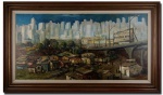 ANTÔNIO CARPINTIERI (NÁPOLES 1930 - SÃO PAULO-SP 1987) - ´´UM OÁSIS NUM DESERTO´´ - Grande e linda pintura finamente executada em técnica á óleo sobre tela, representando paisagem paulistana rica em colorações. Assinada no C.I.E. datada de 1972. Mede 50 x 100 cm. Enquadrada em antiga moldura de madeira nobre trabalhada medindo 68 x 118 cm. Bom estado de conservação. NOTA SOBRE O ARTISTA: Antonio Arena Castellano Carpentieri (Nápoles Itália 1930 - São Paulo SP 1987). Pintor. Ingressa na Faculdade de Engenharia e Química da Universidade de Nápoles (Itália). Estuda pintura com E. Briante, em Florença (Itália), em 1948. Em 1952, transfere-se para o Brasil e estuda pintura com Angelo Cannone, no Rio de Janeiro. A convite de Ana Freud, pinta em 1977 um retrato de Sigmund Freud, que é reproduzido sob a forma de selo comemorativo em 1981. Em 1976, é nomeado Acadêmico do Mar pela Academia Internacional de Ciências e Artes do Mar, em Milão (Itália). Em São Paulo, recebe o Diploma de Honra da Academia Paulista de Belas Artes, em 1980, e o Prêmio Pintor do Ano, conferido pela Assembléia Legislativa, em 1981. 