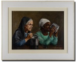 ADRIEN HENRI VITAL VAN EMELEN - (LOVAINA, BÉLGICA 1868-1943 SÃO PAULO-SP) - Preciosa e lindíssima pintura executada finamente em técnica de óleo sobre tela representando duas expressivas figuras femininas ricas em movimentos e colorações. Assinada no C.I.D. medindo 38 x 50 cm. Enquadrada em antiga moldura de madeira medindo 56 x 68 cm. Bom estado de conservação. NOTA SOBRE O ARTISTA: popular no fim do século XIX e início do XX, o escultor pintor belga Adrien Henri Vital van Emelen é autor de obras que podem ser encontradas em diversas instituições em São Paulo.Van Emelen, nascido em 10 de outubro de 1868, em Lovaina, na Bélgica, estudou com famosos mestres europeus, como Constantin Meunier, na Escola de Belas Artes em Lovaina, e, em Paris, com Auguste Rodin. Vítima da Primeira Guerra Mundial, teve de deixar sua pátria e abrigar-se na Grã-Bretanha. De volta à Bélgica, deparou-se com um cenário de destruição e poucas perspectivas de trabalho.Decidiu emigrar com a família para São Paulo onde chegou em 23 de agosto de 1920, nos anos iniciais da industrialização e do auge do café, onde permaneceria até sua morte, em 1943.Ad. H. van Emelen, como costumava assinar suas obras, foi um artista artesão. Como seu pai, modelou dentro da tradição secular na qual o nome do autor é menos importante do que seus trabalhos. Versátil, criou no Brasil, estátuas de apóstolos, santos, bandeirantes, políticos e trabalhadores em materiais diversos, como terracota, bronze, gesso e cimento. Algumas destas foram produzidas em dimensões apenas na casa dos centímetros, ao passo que outras atingiam até quatro metros e meio de altura. Cada um de seus trabalhos permite conhecer e compreender fatos da história local e mundial, que marcaram fortemente a sua vida e a de seus contemporâneos.