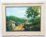 HUGO ESPIRITU ESCOBAR (JAUJA,PERU, 1948 - 2018, SÃO PAULO-SP) - Lindíssima pintura finamente executada em técnica á óleo sobre tela, ricamente trabalhada com cores vibrantes representando bela paisagem rural. Assinada no C.I.D. datada de 1994 medindo 50 x 70 cm. Enquadrada em moldura de época em madeira ricamente trabalhada. Mede 70 x 90 cm. Bom estado de conservação. NOTA SOBRE O ARTISTA: Nascido em Jauja, capital do Peru na América espanhola, Hugo Espiritu já era renomado artista quando chegou ao Brasil, em 1992. Pintor de estilo figurativo contemporâneo, ganhou prêmios internacionais em exposições individuais e coletivas de que participou no Peru, aqui e em vários países  Argentina, Paraguai, Uruguai, Venezuela, Honduras, Guatemala, Nicarágua, México, El Salvador, Costa Rica, Panamá.Em 2016, criou e doou o belíssimo mural especialmente concebido para o acervo do Memorial da América Latina.A Fundação lamenta o falecimento e agradece muitíssimo a contribuição cultural e artística tão rica para a nossa América Latina.Radicado em São Paulo desde 1992, Hugo Espiritu já era renomado artista quando chegou ao Brasil. Pintor de estilo figurativo contemporâneo,ganhou prêmios internacionais em exposições individuais e coletivas de que participou no Peru, aqui e em vários países da América Latina. Nascido na província de Jauja - Peru em 1950, radicado no Brasil há 22 anos, diplomado em desenho e pintura no México e Honduras. Participou de exposições coletivas e individuais no Peru, na cidade de Lima e em alguns países da América Central como Equador e Panamá. Ilustrou livros escolares e capas de novelas peruanas editadas nos Estados Unidos. Atualmente continua em atividade artística no Brasil. Catalogado no Dicionário Brasil de Artes Plásticas.