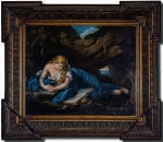 ESCOLA ALEMÃ - SÉCULO XIX - Magnifica e preciosa pintura finamente executada em técnica á óleo sobre tela, impressionantes traços e cores vibrantes, representando belíssima figura feminina. Mede 50 x 60 cm. Enquadrada em majestosa e linda moldura em madeira de lei ricamente trabalhada medindo 75 x 85 cm. Bom estado de conservação.