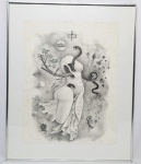 OCTAVIO FERREIRA ARAÚJO (BRASIL, 1926-2015) - Linda e grande litografia, ricamente trabalhada, feita em pedra matriz natural Solnhofen (Baviera). Item 69 de 100. Assinada no C.I.D. Mede 50 x 65 cm. Enquadrada em discreta moldura de metal prateado medindo 67 x 83  cm. Bom estado de conservação. NOTA SOBRE O ARTISTA: Octávio Ferreira de Araújo nasceu no dia 22 de março na cidade de Terra Roxa no ano de 1926. Ainda criança mudou-se para a capital, onde se matriculou no instituto profissional masculino, freqüentado também por Flávio Tanaka, Grassmann e outros futuros artistas. Otávio teve aulas com Edmundo Migliaccio e José Barchitta.Começou pintando letreiros e tabuleiros, expôs pela primeira vez com20 anos no Rio de Janeiro.No ano de 1947 passou a integrar o Grupo dos 19, dois anos depois passou a freqüentar o curso de gravura da École dês Beaux Arts, na França, onde ajudou Portinari na execução do mural "Pescadores"; trabalhou novamente com Portinari no ano de 1952, dessa vez no Brasil.Ganhou o prémio de gravura do Salão para Todos (RJ) no ano de 1957 e foi para China. Lá visitou Pequim e Xangai, para onde levou uma exposição de arte brasileira.Em 1960 na União Soviética, freqüentou o Instituto Repien de Moscou e o Instituto Poligráfico de Leningrado. Casou-se com Clara Gouriánova, que já tinha sido sua interprete de espanhol, no ano de 1961. Passou a viver então de dublar documentários e traduzir livros.Após oito anos voltou ao Brasil (1968) e expôs no MASP no ano de 1972, retomando então o rumo de sua carreira.A respeito do artista é interessante observar que enquanto negro e brasileiro raramente retratava o Brasil e a negritude. Sua obra foi norteada pelo Realismo, chegando pouco a pouco ao Expressionismo. Ao voltar da União Soviética, sua pintura somava o mágico ao irreal, mas vincula-se a velhos pintores europeus.