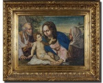 ESCOLA FERRARESA - ITÁLIA SÉCULO XVII - ´´MADONA COM BAMBINO E SANTI´´- Preciosa e espetacular pintura executada em técnica á óleo sobre tela, clássica cena riquíssima em movimentos e colorações. Mede 38 x 48 cm. Enquadrada em majestosa e linda antiga moldura em madeira de lei ricamente trabalhada medindo 57 x 67 cm.