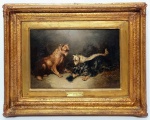 GEORGE ARMFIELD (INGLATERRA, 1808-1893, INGLATERRA) - ´´LOOKING TO THE HOLE´´-  Preciosíssima e linda pintura executada finamente em técnica á óleo sobre tela, representando clássico motivo do artista de cachorros, rica em movimentos. Mede 30 x 46 cm. Enquadrada em moldura de época em madeira nobre ricamente trabalhada medindo 55 x 70 cm. NOTA SOBRE O ARTISTA: George Armfield foi um artista britânico especializado em pinturas a óleo de cães domesticados. Armfeld professava um grande amor pelos animais, e suas encomendas de cães e cavalos estavam em alta demanda em sua vida. Preferindo pintar cães de caça sobre qualquer outro assunto popular, as pinceladas amplas e vivas de Armfeld capturaram as cores terrosas de peles e grama. Nascido George Armfield Smith no País de Gales em 1808, ele era filho do pintor de retratos William Armfield Hobday, com quem aprendeu seu ofício. O precoce artista começou sua carreira aos 16 anos, quando exibiu sua primeira pintura na Royal Academy: Era de Leão, um amado cão da Terra Nova. Hoje, o trabalho de Armfield está incluído nas coleções da Walker Art Gallery em Liverpool e da Glasgow Art Gallery em Glasgow, entre muitas outras. Armfield morreu em Clapham, Inglaterra, em agosto de 1893.