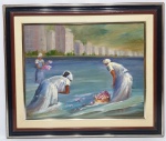 M. JOSÉ DE ALMEIDA - ´´LAVANDEIRAS´´- Linda pintura executada finamente em técnica á óleo sobre tela representando clássico motivo de lavandeiras rica em movimentos e cores. Assinada no C.I.D. datada de 1995. Mede 40 x 50 cm. Enquadrada em moldura de madeira trabalhada medindo 56 x 66 cm. Bom estado de conservação.