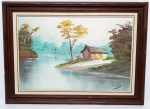 P. SOARES - Linda pintura finamente executada em técnica de óleo sobre tela representando bela paisagem de rio rica em movimentos e cores. Assinada no C.I.D. Mede 40 x 60 cm. Enquadrada em moldura de madeira trabalhada medindo 54 x 74 cm. Bom estado de conservação.