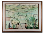 TAKASHI FUKUSHIMA (1950, SÃO PAULO-SP) - ´´CIDADE E CAMPO´´ - Rara e lindíssima pintura finamente trabalhada em técnica de óleo sobre tela, rica em colorações em desenho abstrato. Assinada no C.I.D. datada de 1984. Mede 60 x 80 cm. Enquadra em discreta moldura da época em madeira medindo 76 x 96 cm. Bom estado de conservação. NOTA SOBRE O ARTISTA: Filho do pintor Tikashi Fukushima (1920-2001), estuda com Luiz Paulo Baravelli (1942) em 1970 e, no mesmo ano, ingressa na Faculdade de Arquitetura e Urbanismo (FAU) da Universidade de São Paulo (USP). Paralelamente aos estudos universitários, expõe suas pinturas em grandes mostras. Participa da Bienal Internacional de São Paulo de 1973 e de 1975  obtendo, nesta última, o prêmio aquisição  e de várias edições do Salão Paulista de Artes Plásticas, sendo premiado em 1976.  Takashi Fukushima (São Paulo, São Paulo, 1950). Pintor, gravador, desenhista e cenógrafo. Sua pintura se caracteriza por uma linguagem própria, fruto da combinação do tradicionalismo da cultura japonesa com questões próprias da contemporaneidade. Elege como objeto privilegiado a paisagem, seja ela a do jardim, a da cidade, a do oceano ou a do cosmos. O que importa para o pintor é expressar o que o humano pode ver (ou mesmo imaginar), sendo um ponto de referência na vastidão do universo. No início da carreira, pinta paisagens utilizando grafismo caligráfico e pinceladas que ocupam a parte inferior da tela, deixando em branco grande parte da superfície. De acordo com a tradição oriental, esse espaço em branco se relaciona não só com o silêncio, mas também com a espiritualização. Aos poucos, toda a superfície branca da tela passa a ser ocupada pela paisagem, produzida em linhas sinuosas, que revelam montanhas e vegetação. Em oposição aos grafismos, em algumas áreas predominam pinceladas realizadas com tintas fluidas, aproximando-se da abstração.São desse momento da trajetória do pintor os quadros Jardim paisagem (1980), e Passeios da ilha flutuante (1981). Neles, identificamos a representação de paisagens naturais, sem, contudo, a preocupação de mimetizar o que se observa. O artista expressa em suas pinturas a imensidão do horizonte, representando fios de água, montes e vegetações, tudo o que se pode observar até onde o olho alcança. Nesses quadros, utiliza uma gama cromática que evoca a suavidade da aquarela, em obras de grandes dimensões. Em contraposição à calmaria das paisagens naturais, o pintor retrata também, a partir da metade da década de 1980, a turbulência das paisagens urbanas. Esses trabalhos apresentam grande simplificação formal, com uma gama cromática mais escura, em que predominam cores misturadas ao cinza, como se observa em Metrópole  Noturno (1987). No quadro, pinceladas que, à primeira vista, parecem abstratas revelam grandes prédios de ângulos retos. Esses edifícios sobrepostos na tela revelam a disputa por espaço em uma grande cidade. Ocupam a maior parte da tela, em que predomina a cor cinza, numa referência ao concreto característico do urbano. Contornando esse espaço quase monocromático, uma moldura cheia de cores, com fragmentos de imagens, que poderíamos associar aos outdoors de propaganda, cujo colorido se destaca na metrópole.Ao longo dos anos 1990, o tom abstracionista passa a se acentuar na obra do artista. Em exposição realizada em 1999, utiliza técnica mista sobre madeira, empregando as tintas de maneira a deixar transparecer a textura e os veios do suporte, em obras mais próximas da abstração. Outra exposição no mesmo ano, Tempos flutuantes, realizada na Pinacoteca de São Paulo, apresenta diversos quadros com representações abstratas, como Black and blue (1995). Esse abstracionismo pode ser pensado como uma herança da produção artística não só de seu pai, mas também de outros pintores de origem japonesa, como Manabu Mabe (1924-1997) e Kazuo Wakabayashi (1931). Homens simples e sem formação artística, esses imigrantes japoneses desenvolvem uma arte própria, com bastante lirismo, que se inscreve no que se chama de abstracionismo informal. É esse ambiente que proporciona a Takashi Fukushima o apreço pela pintura e o olhar particular sobre ela.Em 2016, participando do projeto Resgatando cultura, promovido pelo Instituto Olga Kos, realiza oficinas de pintura para pessoas com deficiência intelectual atendidas pelo instituto. O resultado da parceria é uma exposição na Cinemateca Brasileira, em São Paulo, com pinturas dos participantes da oficina e do artista, além da publicação do livro Diáfanas paisagens, dedicado à vida e obra do pintor, escrito pelo crítico de arte Jacob Klintowitz (1941). No livro, o autor sintetiza o caráter da pintura do artista: É tudo paisagem. Ou cósmica. Ou da terra. Ou do sentimento humano. Para Takashi Fukushima, o mundo é uma contemplação. Essa é a chave para compreender o trabalho do pintor, pois, ainda que não apareçam figuras humanas em seus quadros, o humano está presente, afinal é sob sua ótica que as paisagens são expressas. É o que Klintowitz chama de rastro: o homem é o que olha a paisagem e, nesse sentido, seu olhar é o rastro do caminho percorrido1.Premiado e reconhecido por seu talento em sua longa trajetória artística, Takashi Fukushima é um dos grandes nomes da pintura contemporânea brasileira. Resgata, nesse momento de fugacidade do tempo, a importância de contemplar o entorno, de olhar para a paisagem, seja ela qual for, e de se colocar no mundo como ponto de referência para a observação. É o homem e seu lugar no mundo que Takashi Fukushima representa com beleza e singularidade.