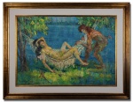 MANOEL SANTIAGO (MANAUS, 1897-1987, RIO DE JANEIRO-RJ) - ´´CURUPIRA´´ - Rara e belíssima pintura finamente executada em técnica de óleo sobre tela, representando clássico motivo da lenda nacional do curupira. Assinada no C.I.E. datada de 1926. Mede 60 x 85 cm. Enquadrada em elegante moldura de madeira nobre medindo 85 x 110 cm. Bom estado de conservação, tela necessita restauro. NOTA SOBREO ARTISTA: Manoel Colafante Caledônio de Assumpção Santiago (Manaus, Amazonas, 1897 - Rio de Janeiro, Rio de Janeiro, 1987). Pintor, desenhista, professor. Muda-se para Belém em 1903 e inicia estudos de pintura. Em 1919 transfere-se para o Rio de Janeiro, e cursa direito ao mesmo tempo que freqüenta a Escola Nacional de Belas Artes (Enba), onde é aluno de Rodolfo Chambelland e Baptista da Costa. Na época, assiste a aulas particulares de Eliseu Visconti. Casa-se em 1925 com a pintora Haydeá Santiago. Participa em 1927 do Salão Nacional de Belas Artes e recebe o prêmio viagem ao exterior. Vai para Paris no ano seguinte, e lá permanece por cinco anos. De volta ao Rio de Janeiro, em 1932, torna-se professor do Instituto de Belas Artes. Em 1934, passa a lecionar pintura e desenho no Núcleo Bernardelli, figurando entre seus alunos José Pancetti, Edson Motta, Bustamante Sá, Ado Malagoli, Rescála e Milton Dacosta.