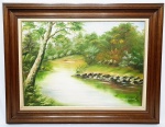 DEIZE NICOLUSSI DE SOUZA - Belíssima e elegante pintura finamente executada em técnica de óleo sobre tela, representando linda paisagem rica em cores e movimentos. Assinada no C.I.D. datada de 1998. Mede 50 x 70 cm. Enquadrada em moldura de madeira nobre trabalhada medindo 70 x 90 cm. Bom estado de conservação, moldura no estado.