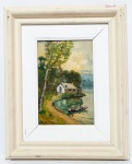 ANGELO CANNONE  (ABRUZZO-ITÁLIA, 1899- 1992, RIO DE JANEIRO-RJ) - ´´RIBEIRINHOS´´ - Antiga e linda pintura finamente executada a óleo sobre placa de madeira, rica em detalhes e colorações representando bela paisagem de rio. Excelente estado de conservação, assinado no canto inferior esquerdo. Mede 16 x 24 cm, acompanha elegante moldura em madeira de época medindo 34 x 42 cm. NOTA SOBRE O ARTISTA: Angelo Cannone - (1899-1992)Ângelo Cannone nasceu na Itália. Sua pintura vem de uma escola antiga, de uma raça de artista. Sejam as preferências de outra tendência ou estilos é difícil não gostar. Suas marinhas e paisagens refletem o espírito jovem e vivido, nelas encontramos o toque magistral do mestre nas transparências. Pintor. Começou a pintar aos oito anos de idade e se formou, ainda muito jovem, pelo Instituto de Belas Artes de Nápoles. Estudou com Paolo Vetri e, preparando as tintas e aprendendo técnica, auxiliou seu mestre na execução da pintura no teto do Salão Mor da Universidade de Nápoles, posteriormente destruída pelos americanos na II Guerra Mundial. Cannone sempre viveu da pintura.Formado, obteve o título de Professor de Desenho e passou a dar aulas no Instituto Técnico: só deixou esta atividade quando a pintura começou a lhe absorver o tempo.Ao vencer um concurso em Nápoles, obteve uma pensão para viver em Roma durante quatro anos, e que cobria todas as despesas de viagem, estada e incluía um atelier. Durante o fascismo, segundo o próprio pintor, os artistas receberam um grande apoio para desenvolver seu trabalho, ao ser criado o Sindicato dos Profissionais Liberais e Artistas em 1924, e que funcionou até o fim da guerra. Continuou a pintar mesmo durante este grave conflito, a II Guerra, quando já tinha uma família de sete filhos, entre eles o pintor Carolus (Carlo Cannone). Nesse período, o mercado consumidor de arte continuava excelente, pois muitos capitalistas, com medo da desvalorização do capital, procuravam apoiá-lo na compra de vários bens, inclusive quadros. Cannone chegou ao Brasil com a família em fins de 1947.Residiu em São Paulo, e depois transferiu-se para o Rio de Janeiro, onde permanece até hoje. Em recente depoimento, o artista declara que considera a pintura como a íntima manifestação dos seus sentimentos e emoções, e não do que ocorre circunstancialmente. "Quando estou no cavalete, estou como num sonho, não vejo ninguém e nada à minha volta". Entre seus discípulos, o marinhista Antonio Carpentieri.Os quadros de Ângelo parecem humanos, o sentido comunicativo é grande que nos força a mirá-los constantemente. Prêmios: em 1922, Prêmio Viagem com a tela O Cego de Santa Brigida: em 1983, I Prêmio Viagem Artística Nacional; em 1925, I Prêmio do Instituto de Belas Artes de Nápoles e Prêmio Salvador Rosa; em 1926, Prêmio exposição de Reggio Calábria; em 1929, Medalha de Bronze pela Social do Abruzzo e Prêmio Cremona; em 1960, Medalha de Bronze pela Escola de Belas Artes do Rio de Janeiro; em 1947, realizou várias exposições em São Paulo e no Rio de Janeiro na Galeria Europa; em 1972, pinta o retrato do Papa Pio X, em tamanho natural, que está na Igreja do Italianos - RJ; em 1973, expõe na Galeria San Marco - RJ; em 1980, na Galeria de Arte Domus.; e em 1984, Galeria Europa - RJ. 