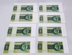 Antigo lote composto por 8 cédulas no valor de um cruzeiro brasileiro. Ambas acondicionadas em plástico com fino pedaço de papelão para mantê-las conservadas. Ambas em perfeito estado de conservação.