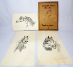 Luiz Alberto Pont Beheregaray, BEREGA (1934 - 2012) - Raríssimas e lindas gravuras de tiragem baixa (80), assinadas individualmente pelo renomado e grande artista gaúcho Berega, representando 3 belas cabeças de cavalos, numeradas da coleção ´´Garanhões Árabes, estudos de cabeça, desenhos de Berega´´. Medem 33 x 47 cm cada. Ambas assinadas no C.I.D. Datadas de 1977. Uma 39-80, uma 21-80, uma 16-80. Acondicionadas em pasta original número 1 da coleção junto com página de jornal de 1982 falando sobre o artista, considerado até hoje um dos maiores nomes artísticos do Estado do Rio Grande do Sul e da região Sul. NOTA: Esta primeira tiragem de oitenta exemplares, compõe-se de uma série de 5 cabeças correspondente á pasta número 1, reproduzidas em papel westerprint - 240 grs. Numeradas e assinadas individualmente pelo Autor. Desenhos inspirados nos Puro Sangue Árabes dos Haras: El Aduar, Alcalá e Verona. Situados no RS. Bom estado de conservação, algumas manchas do tempo naturais que não atrapalham a beleza das gravuras. Oportunidade!  NOTA SOBRE O ARTISTA: Luiz Alberto Pont Beheregaray, Berega, nasceu em 1934 na cidade gaúcha de Uruguaiana, fronteiriça com a Argentina. Residiu em Porto Alegre de 1958 a 2000 exercendo as atividades de bancário, empresário e artista plástico, quando voltou a sua cidade natal Uruguaiana  exercendo a atividade de pecuarista. Faleceu em sua Uruguaiana em 09 de abril de 2012 vítima de complicações do Mal de Parkinson que o acometeu aos 50 anos de idade e gradativamente evolui tirando o que Berega mais gostava de fazer: trabalhar com a arte.Seu trabalho na temática gauchesca o enquadra no que os platinos denominam pintor costumbrista, a arte dos costumes da sua terra.Em suas pinturas de cavalos mostra um estilo dentro de uma técnica própria e original: tinta sintética sobre suporte de couro. Retratou nesta técnica vários animais ganhadores de prêmios ou de apreço significativo de seus proprietários. Pintou várias raças, sendo a sua maioria em cavalos crioulos e árabes, mostrando profundo conhecimento de suas características, chegando inclusive a receber convite para julgar algumas provas morfológicas na Exposição Internacional de Esteio, RS. As demais raças retratadas, como exemplo, foram o PSI (Puro Sangue Inglês), Brasileiro de Hipismo, Apaloosa e Campolina.Retratos de cavalos de sua autoria encontram-se em coleções particulares e de criadores em vários Estados barsileiros e do exterior como Argentina, Uruguai, Paraguai, Estados Unidos da América, Suécia, Alemanha, entre outros.Autor de capas e ilustrações de vários livros e revistas.Autor dos álbuns de própria produção em off-set:Garanhões Árabes - Estudos de Cabeças (1977);Cavalos - Desenhos de Berega (2 edições - 1980 e 1983);Garanhões Árabes (1983);Gaúchos e Cavalos (6 edições 1982).Berega 2009Autor das ilustrações dos calendários da Fertisul e Petróleo Ipiranga S.A. dos anos de 1979 à 1999, retratando de forma jocosa o gaúcho e resgatando cenas campeiras do cotidiano com um trabalho de pesquisa e veracidade de seus costumes e cultura. Em alguns calendários fez parceria com os versos do poeta Jayme Caetano Braun.Autor das ilustrações do calendário da Cooperativa Central Gaúcha de Leite Ltda. (CCGL) em 1992.Teve seu trabalho focalizado várias vezes pela Revista Hippus de São Paulo, especializada em cavalos de criação e esporte, Revista da Associação dos Criadores de Cavalo Crioulo (ABCCC) e Revista da Associação dos Criadores de Cavalo Árabe (ABCCA).Trabalhos de sua autoria foram adquiridos para presentear o Ex-Presidente da República Federativa do Brasil João Batista Figueiredo, ao Ex-Vice-Presidente Aureliano Chaves e ao Ex-Presidente da República Oriental do Uruguai Julio Maria Sanghinetti.Alguns de seus trabalhos encontram-se na Biblioteca do Congresso dos Estados Unidos, em Washington DC.Foi membro da Society of Equestrian Artists, sede Londres (UK).Retratou em suporte de couro outros animais como gado bovino, ovino e cães, bem como pessoas associadas ao cavalo como em esportes, criadores e proprietários.No início de sua carreira desenvolveu trabalhos na arte sacra e medieval, trabalhando técnicas de envelhecimento com uso de vernizes e betume.