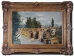 GUSTAVO COUBERT (ORNANS-FRA, 1819-1877, LA TOUR-DE-PEILZ-SUIÇA) - ´´LAVADEIRAS´´ - Majestosa e preciosíssima pintura finamente executada em técnica de óleo sobre tela representando cena de lavadeiras no rio, ricas em movimentos e colorações. Mede aprox. 53,5 x 81 cm. Enquadrada em magnífica moldura em madeira de lei ricamente trabalha medindo. NOTA SOBRE O ARTISTA: Gustave Courbet (1819-1877) foi um pintor francês, um dos pioneiros da pintura realista no século XIX, que procurou retratar o cotidiano de forma imparcial e objetiva, evitando as pinceladas intensas e dramáticas dos românticos.Jean Désirè Gustave Courbet nasceu em Ornans, interior da França, no dia 10 de junho de 1819. Filho de ricos proprietários rurais, desde cedo mostrava interesse pelo desenho e pela política, influenciado por seu avô que externava um forte sentimento republicano. Com 12 anos, ingressou no Seminário de Ornans, onde iniciou seus primeiros estudos de artes. Em seguida, entrou para uma escola em Besançon, onde deu continuidade às aulas de desenho.Em 1839, Courbet vai morar em Paris, para dar continuidade aos seus estudos. Frequentou o estúdio do pintor Charles Steuben. Fazia visitas ao Museu do Louvre onde apreciava as obras de grandes pintores. Nessa época, a França vivia momentos de efervescência política, social e artística. Por volta de 1840, Courbet passa a frequentar os cafés de Paris, que reuniam um grupo artistas franceses, que reagiam contra a subjetividade, individualismo e obsessões históricas dos românticos que retratavam cenas bíblicas e mitológicas, passando a adotar um estilo baseado na lealdade da natureza. Ainda na década de 40 faz uma série de auto-retratos, entre eles "O Homem Desesperado" (1845). O RealismoGustave Courbet, influenciado pelos ideais de democracia e socialismo que se seguiram à revolução de 1848, partilhava com seus contemporâneos, a crença de que a arte poderia ser uma força social. O grupo desprezava os valores burgueses e defendia valores novos para a sociedade, aliando-se com isso ao apelo do povo francês que esperava mudanças profundas no país, que vivia um período de muita miséria. Publicou um manifesto contra as tendências românticas e neoclássicas.O movimento artístico que foi chamado de Realismo substituiu os temas grandiosos e heroicos do Romantismo, por visões simples do cotidiano e o sentimentalismo pela observação imparcial e objetiva. Evitavam as pinceladas intensas e dramáticas dos românticos, preferindo fazer suas pinturas claras e precisas, com temas de fácil compreensão, em particular os temas sociais.Os pintores realistas  como Gustave Courbet - voltaram-se para representar as cenas da vida cotidiana e os flagrantes populares, muitas vezes impregnados de ideias políticas. Dizia Courbet A pintura é uma arte essencialmente objetiva e consiste na representação das coisas reais e existentes. Foi inspirado em representar as novas ideias em sua arte, que em 1851, Courbet escandalizou Paris com a exibição de seus quadros O Retorno da Feira de Flagey Enterro em Ornans e Os Quebradores de Pedra, em que retratou aldeães humildes, camponeses e lavradores ao invés de deuses, heróis e figuras bíblicas temas usuais na época. Em 1855 pintou o enorme quadro O Estúdio do Pintor, onde estava rodeado de camponeses e amigos parisienses. Revolucionário e provocador, Courbet abraçou a filosofia anarquista de  Proudhon e em 1871 participou da Comuna de Paris - o primeiro governo socialista, de curta duração, assumiu o comando da Federação dos Artistas da França. Com a derrota da Comuna, o artista foi preso, sentenciado e condenado a seis meses de prisão pela destruição da Coluna Vendôme, um símbolo da autoridade napoleônica. Depois de cumprida a pena, Courbet se exila na Suíça, onde morreu na miséria.Gustave Courbet faleceu em La Tous-de-Peilz, Suíça, no dia 31 de dezembro de 1877.