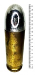 36 Colecionismo/curiosidade - Grande simulacro de uma munição 9mm. Peça metálica com 17,5 cm de altura. A peça apresenta rachaduras na ponta ogival cromada e marcas de uso e desgaste no banho dourado. Curiosidade ideal para os colecionadores de armas e munições.