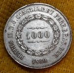 BRASIL - 1000 Reis - 1860 - Império - prata (.917) - 12,75 g - 30mm - 3º SISTEMA MONETÁRIO - 2º TIPO - P608