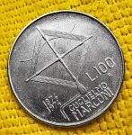 Itália 100 Liras - 1974 - Comemorativa - Centenário Nascimento de Guglielmo Marconi) - Aço inoxidável, 27.8mm