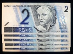Brasil - 2003 - 5 cédulas SEQUENCIAIS de 2 reais da PRIMEIRA FAMÍLIA - AA - C256 - FE