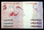 BRASIL - 3 Cédulas SEQUENCIADAS de 5 Reais - Série FB  - Henrique Meirelles / Ilan Goldfajn - Flor de Estampa