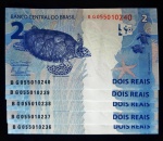 BRASIL - 5 Cédulas Sequenciadas de 2 Reais - Série BG - Mantega / Tombini - Flor de Estampa