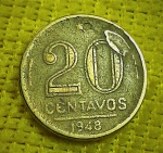 BRASIL - 20 CENTAVOS - 1948 - GETÚLIO VARGAS - ANÔMALA: CUNHO QUEBRADO - RABICHO NO " 0 "