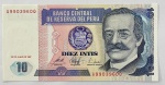 CÉDULA PERU - 10 INTIS - FLOR DE ESTAMPA