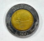 MOEDA ITÁLIA - 500 LIRAS - BIMETÁLICA - COM INSCRIÇÃO EM BRAILE- MBC -27MM