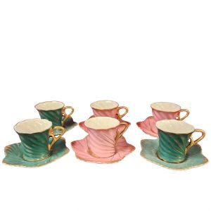 WINDSOR - Conjunto de xícaras de cafézimho, em porcelana vitrificada da marca Windsor, conjunto clássico de gomos retorcidos, em diferentes cores verde e rosa e ricos detalhes de frisos dourados. Acompanha seus respectivos pires.
