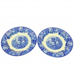 ENGLAND WOODS WARE - Par de pratos, fundos em faiança, com rica decoração de paisagem no tom azul e padrão floral. Medida: 23cm.