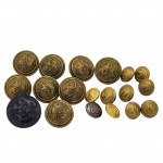 COLECIONISMO - Conjunto de 19 botões antigos em metal dourado envelhecido e bronze, com um exemplar em preto fosco. Decorados em relevo que remete a insígnias militares ou navais, apresentam a figura de uma águia de asas abertas cercada por símbolos heráldicos. Variam em tamanho e possuem bordas em padrão trançado ou de corda.