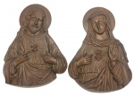 ARTE SACRA - Placa representando, Sagrado "Coração de Jesus" e , " Imaculado Coração de Maria", em bronze com acabamento patinado marrom. Medida: 27cm x  37cm