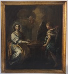 O EXTASE DE SANTA CECÍLIA  ESCOLA LUZÍADA SEISCENTISTA  OLEO SOBRE MADEIRA. A SANTA É REPRESENTADA TOCANDO UM ÓRGÃO DE CÂMARA ENQUANTO SEU ROSTO EM ÊXTASE ELEVA-SE AO CÉU QUE SE ABRE ENTRE NUVENS TRESPASSADAS PELA ILUMINAÇÃO DO DIVINO ESPÍRITO SANTO. JUNTO AO ÓRGÃO PODEROSA FIGURA DE UM ARCANJO COM RICAS VESTES ANGELICAIS. O VESTIDO DE SANTA CECÍLIA É SUNTUOSO ASSIM COMO AS JÓIAS QUE A ADORNAM, REFLETINDO SUA CONDIÇÃO DE NOBREZA TERRENA. O ARCANJO OLHA ATENTAMENTE PARA AS MÃOS DA SANTA QUE DESLIZAM NO TECLADO. AO MESMO TEMPO QUE MAJESTOSO O ANJO É REPRESENTADO COM POSTURA QUE DENOTA LEVEZA NO GESTUAL. SOBRE A SANTA QUERUBINS ADORADORADORES ELEVAM OS OLHOS AO CÉU RECONHECENDO A PRESENÇA DIVINA NO AMBIENTE EM QUE SE ENCONTRA SANTA CECÍLIA. UMA OBRA DE GRANDE MESTRE, COM EXPRESSIVA QUALIDADE ROSTOS MAGNIFÍCOS E RIQUEZA NA REPRESENTAÇÃO DE DETALHES E ORNAMENTOS. PORTUGAL, SEC. XVII. 82 X 71 CM (CONSIDERANDO-SE O TAMNHO DA MOLDURA) 73 X 61 CM (SEM CONSIDERAR O TAMANHO DA MOLDURA)