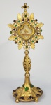 SÃO GERALDO MAGELA - EX OSSIBUS - RICO RELICÁRIO EM PRATA DE LEI COM VERMEIL. DECORADO COM MAGNIFICAS PEDRARIAS. A RELÍQUIA ESTA LACRADA EM TECA COM CORDÕES  E SELO EPISCOPAL DE SIGILO EM CERA VERMELHA. BELÍSSIMO! 33 CM DE ALTURA