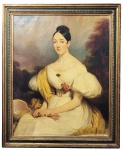 HENRY DECAINES - RETRATO FEMININO - FIGURA DE NOBRE .  OST. ASSINADO E DATADO 1833.  LINDO RETRATO FEMININO COM A RETRATADA SENDO APRESENTADA EM AMBIENTE CAMPESTRE. ESSA É UMA SOLUÇÃO ADOTADA ORIGINALMENTE POR LAWRENCE PARA RETRATOS NO INICIO DO SEC. XIX, QUANDO AS GRANDES SENHORAS PASSARAM A SER  APRESENTADAS EM AMBIENTES EXTERNOS E NÃO NO RIGOR DE SEUS SALÕES. OBRA BÉLISSIMA! DECAINES ESPECIALIZOU-SE NA PINTURA DOS NOBRES EUROPEUS NOTADAMENTE OS ORLEANS E VÁRIAS DE SUAS OBRAS ESTÃO NO MUSEU DO LOUVRE.  115  X 95 CM CONSIDERANDO-SE O TAMANHO DA MOLDURA. SEM CONSIDERAR A MOLDURA TEM 100 X 80 CMNOTA: Nasceu em Bruxelas em27 de janeiro de 1799, filho de Victor Decaisne, natural de Abbeville , e de Marie Maës, natural de Antuérpia. Henri Decaisne começou, em 1814, a estudar, desenhando e pintando com  frequentou, na ao mesmo tempo, as classes da Academia. Em 1818, foi para Paris e entrou no estúdio de Girodet , antes de passar para o do Barão Gros . Ele ganhou o grande prêmio em 1827 e uma medalha em 1828. Em 1830 ele foi para a Holanda para estudar os grandes mestres flamengos. Estabelecendo-se em Paris, ele fez uma grande reputação lá como um excelente pintor de retratos no estilo de Lawrence . Várias de suas telas estão em Versalhes, incluindo a Entrada de Carlos VII em Rouen (1838) e a Instituição da Ordem de São João de Jerusalém (1842). Ele completou sua grande obra Les Belges Illustres em 1839. Ele havia recebeu a Legião de Honra em 1842. Morreu em 17 de outubro de 1852em Paris, ele está enterrado no cemitério de Montmartre com seu irmão Joseph e sua mãe Marie Maës. Seus retratos mais importantes são   A Rainha dos Belgas , 1835. O duque de Orleans , 1833. Princesa Clementina de Orléans , 1833. Madame Malibran como Desdêmona , 1831. Victor Schoelcher , 1833. Afonso de Lamartine , 1839. Henri Fournel, sem data