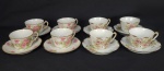 NOVE GRANDES E LINDAS XÍCARAS EM PORCELANA DA MANUFATURA DE LIMOGES. DECORADAS COM EXUBERANTES FLORES. SÃO INCOMUNS PELO GRANDE FORMATO. FRANÇA, SEC. XIX. 10 CMD E DIAMETRO (XICARA E 16 CM DE DIAMETRO (PIRES)