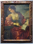 F. DELAR  UT NON CONFUNDAR  SANTA CECÍLIA  OLEO SOBRE CANVAS DATADA DE 1835 FEITA  SEGUNDO OBRA DE GIOVANNI FRANCESCO ROMANELLI  (1610-1662) GUARDADA NO MUSEU NACIONAL DE CAPODIMONTE. A OBRA REFERENCIA DO MUSEU ESTÁ ERRONEAMENTE TITULADA SIBILA. A FAIXA QUE A SANTA SEGURA NA REPRESENTAÇÃO COM A INSCRIÇÃO UT NON CONFUNDAR REFERE-SE AOS ACONTECIMENTOS DE CECÍLIA, QUE DURANTE A NOITE COM VALERIANO, NÃO PARAVA DE CANTAR EM SEU CORAÇÃO 'FIAT COR MEUM IMMACULATUM, NON CONFUNDAR' (SEJA MEU CORAÇÃO PURO PARA NÃO FICAR CONFUSO). EXISTEM OUTRAS CÓPIAS ANÔNIMAS DESTA OBRA DE BARI E ALTAMURA QUE DATAM DO SÉCULO XVII, MAS ESTA É A MAIS REFINADA GRAÇAS À DELICADA CONFECÇÃO DO ROSTO, QUE REMETE AO CENÁRIO CLASSICISTA E CARTUNESCO.  ITÁLIA, 1835. 123 X 96 CM (COM A MOLDURA) SEM CONSIDERAR A MOLDURA 103 X 77 CM  NOTA: Cecília nasceu no principio do sec. III de uma antiga e ilustre família da nobreza romana, Gens Ceccilia, famosa já no seculo V antes de Cristo. As noticias relativas a historia desta Santa apresentam-nos como uma virgem amante de Jesus e da virtude, que assistia todos os dias as missas rezadas pelo papa Urbano nas catacumbas da via Ápia, onde procurou o Santo Pontífice e lhe confessou como desde criança se havia consagrado a Jesus Cristo e lhe suplicou que aceitasse seu voto de castidade. Praticava amor a Deus e ao próximo especialmente aos pobres, que são a imagem de Jesus. Respeitava servos e escravos, acolhia benignamente os mendigos e oferecia-lhes juntamente com a esmola uma palavra de conforto para mitigar os seus sofrimentos.